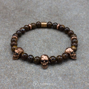 Men&#39;s Bracelet - Beaded Bracelet - Bronzite, Women&#39;s Bracelet, Stretch Bracelet, Skull Bracelet, Gift for Men