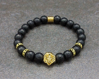 Men&#39;s Bracelet - Beaded Bracelet - Black Onyx, Women&#39;s Bracelet, Stretch Bracelet, Lion Bracelet, Gift for Men