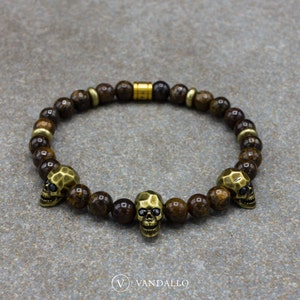 Men&#39;s Bracelet - Beaded Bracelet - Bronzite, Women&#39;s Bracelet, Stretch Bracelet, Skull Bracelet, Gift for Men