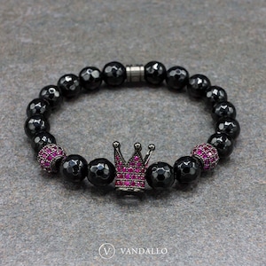 Women's Bracelet Beaded Bracelet Black Onyx, Men's Bracelet, Stretch Bracelet, Crown Bracelet, Gift for Women image 1