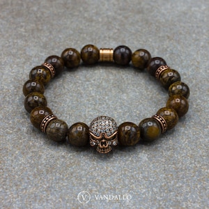 Men&#39;s Bracelet - Beaded Bracelet - Bronzite, Women&#39;s Bracelet, Skull Bracelet, Stretch Bracelet, Gift for Men