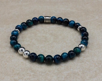 Men's Bracelet - Beaded Bracelet - Silver 925, Blue Tiger Eye, Bracelet for Women, Elastic Bracelet, Gift for Men