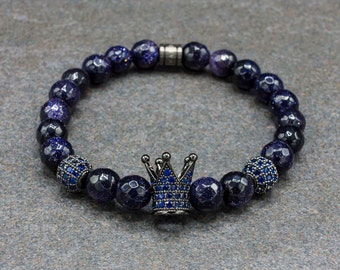 Pulsera para hombres - Pulsera de cuentas - Aventurina Azul, Pulsera para mujeres, Pulsera elástica, Pulsera de Corona, Regalo para hombres