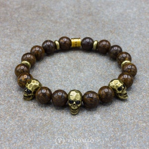 Men&#39;s Bracelet - Beaded Bracelet - Bronzite, Women&#39;s Bracelet, Stretch Bracelet, Skull Bracelet, Gift for Men