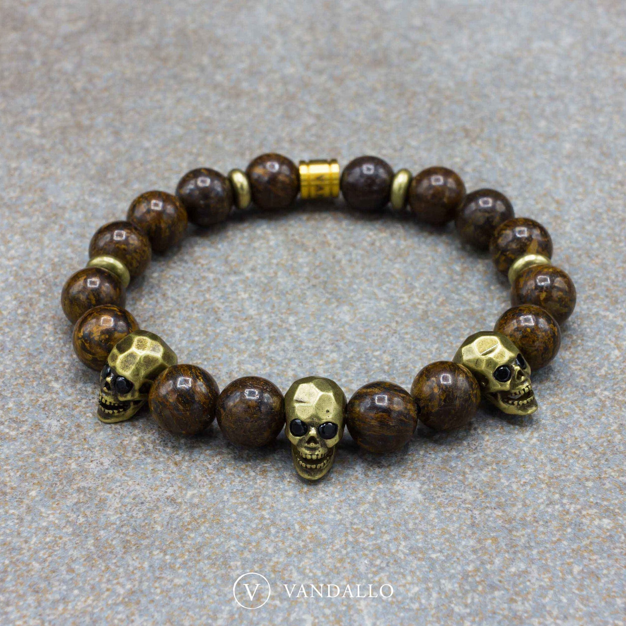Men's Bracelet - Beaded Bracelet - Bronzite, Women's Bracelet, Stretch Bracelet, Skull Bracelet, Gift for Men