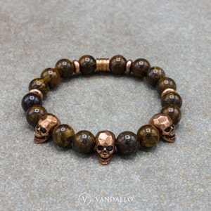 Men&#39;s Bracelet - Beaded Bracelet - Bronzite, Women&#39;s Bracelet, Stretch Bracelet, Skull Bracelet, Gift for Men