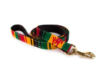Rasta dog leash with handwoven fabric made in the USA by a tail we could wag - Auburn Leathercrafters