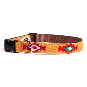 a tail we could wag God&#39;s Eye Gold dog collar handwoven fabric from Guatemala