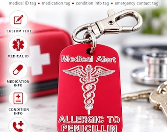 May include: A red rectangular metal medical alert tag with a silver lobster clasp. The tag features the engraved text Medical Alert, a caduceus symbol, and the text ALLERGIC TO PENICILLIN. The design includes icons for custom text, medical ID, medication, condition, and emergency contact.