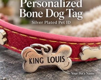 May include: A silver-plated bone-shaped pet ID tag engraved with the name KING LOUIS, attached to a red leather collar featuring yellow stitching and small bone-shaped metal studs. The text Personalized Bone Dog Tag is visible.