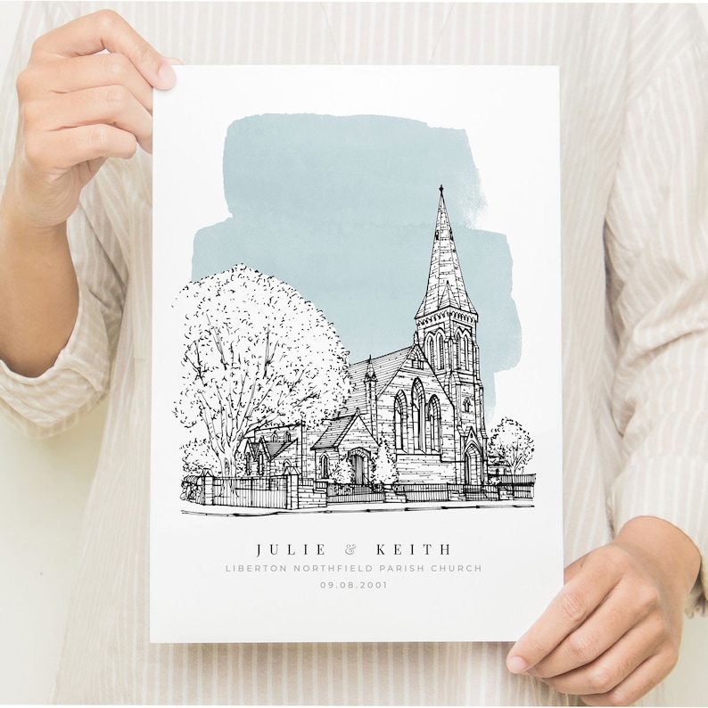 A personalised wedding gift of a custom hand drawn watercolour wedding venue line portrait drawing by Lock and Dale