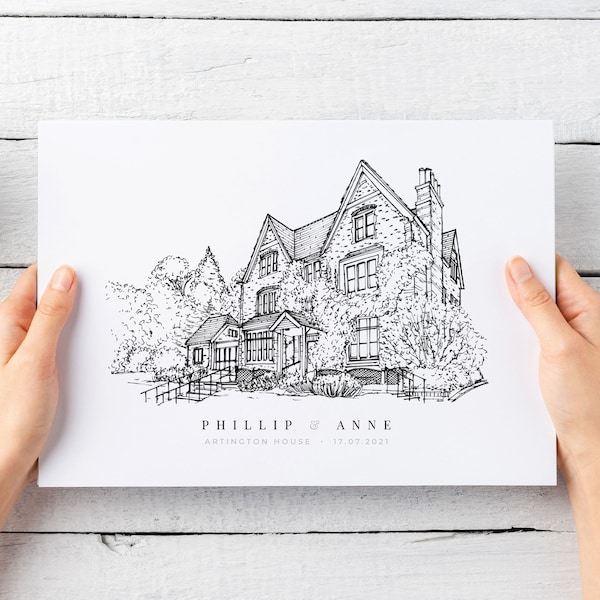 Custom Hand Drawn Wedding Venue Line Portrait | Custom Drawing From Photo | Keepsake Gift for Friends, Couples, Weddings and Anniversary