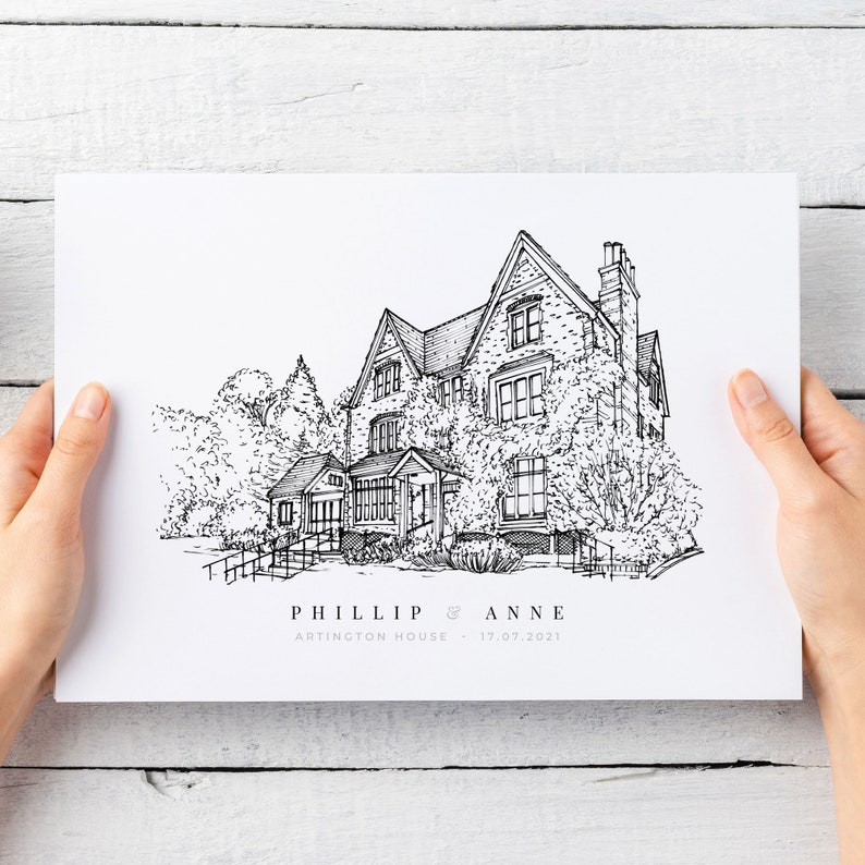 A personalised gift of a custom hand drawn wedding venue line portrait by Lock and Dale