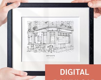 Custom Hand-Drawn Restaurant Sketch Pub Drawing From Photo Personalised Bar Illustration First Date Gifts Restaurant - DIGITAL DOWNLOAD