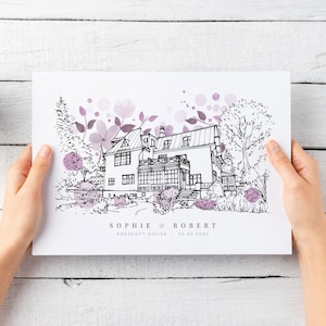 Custom Hand-Drawn House or Venue Watercolour Line Portrait | House Drawing From Photo | Unique Gift for Weddings, Anniversary & New Homes