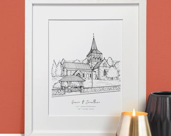 Portrait personnalisé dessiné à la main du lieu de mariage, croquis à partir d'une photo, cadeaux de mariage personnalisés, cadeaux pour couples, cadeau d'anniversaire en papier