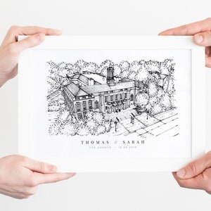 A personalised gift of a custom hand drawn wedding venue line portrait by Lock and Dale