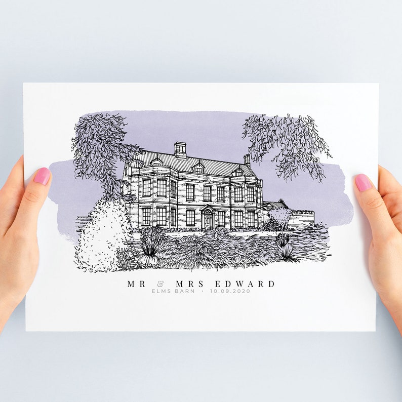 A personalised wedding gift of a custom hand drawn watercolour wedding venue line portrait drawing by Lock and Dale