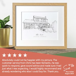 Peut inclure: Dessin au trait noir et blanc d'une maison avec un jardin. Le dessin est encadr&eacute; et porte le texte "Abbie & Ben, Notre premi&egrave;re maison, Septembre 2021" en bas.