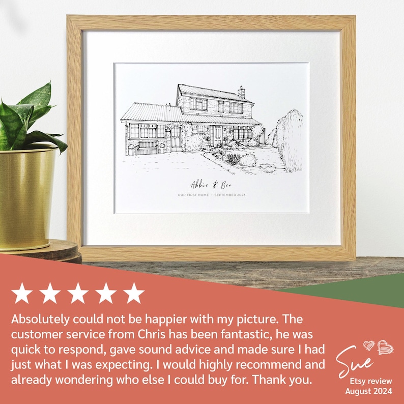 Peut inclure: Dessin au trait noir et blanc d'une maison avec un jardin. Le dessin est encadr&eacute; et porte le texte "Abbie & Ben, Notre premi&egrave;re maison, Septembre 2021" en bas.