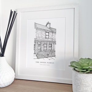 A personalised house warming gift of a custom hand drawn house line portrait drawing by Lock and Dale