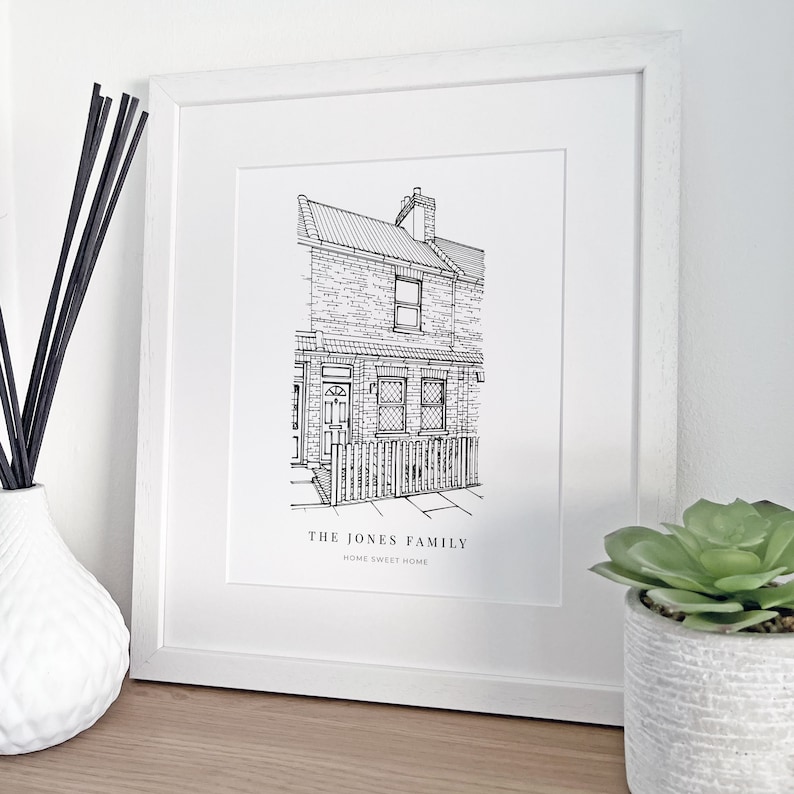 A personalised house warming gift of a custom hand drawn house line portrait drawing by Lock and Dale