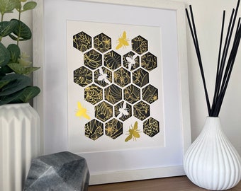 Gold Bee Wall Art | Paper Cut Bee Art | Gold, Grey and White One of a Kind Bee Themed Artwork