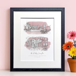 Custom Hand-Drawn Double Wedding Venue Watercolour Line Portrait, Custom Church Drawing From Photo Keepsake Wedding Gift for Friends