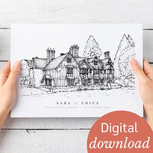 Aangepaste handgetekende trouwlocatie lijnportret, gepersonaliseerde tekening van foto, huwelijkscadeau voor vrienden, cadeau voor koppels, DIGITALE DOWNLOAD