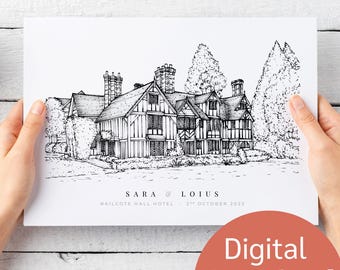 Custom Hand Drawn Wedding Venue Line Portrait, Personalised Drawing From Photo, Wedding Gift for Friends, Gift for Couples, DIGITAL DOWNLOAD