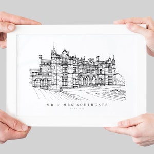 A personalised gift of a custom hand drawn wedding venue line portrait by Lock and Dale