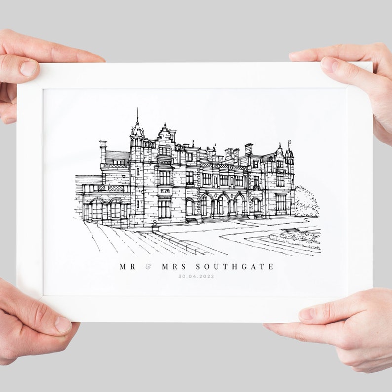 A personalised gift of a custom hand drawn wedding venue line portrait by Lock and Dale