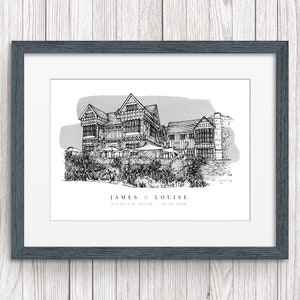 A personalised wedding gift of a custom hand drawn watercolour wedding venue line portrait drawing by Lock and Dale