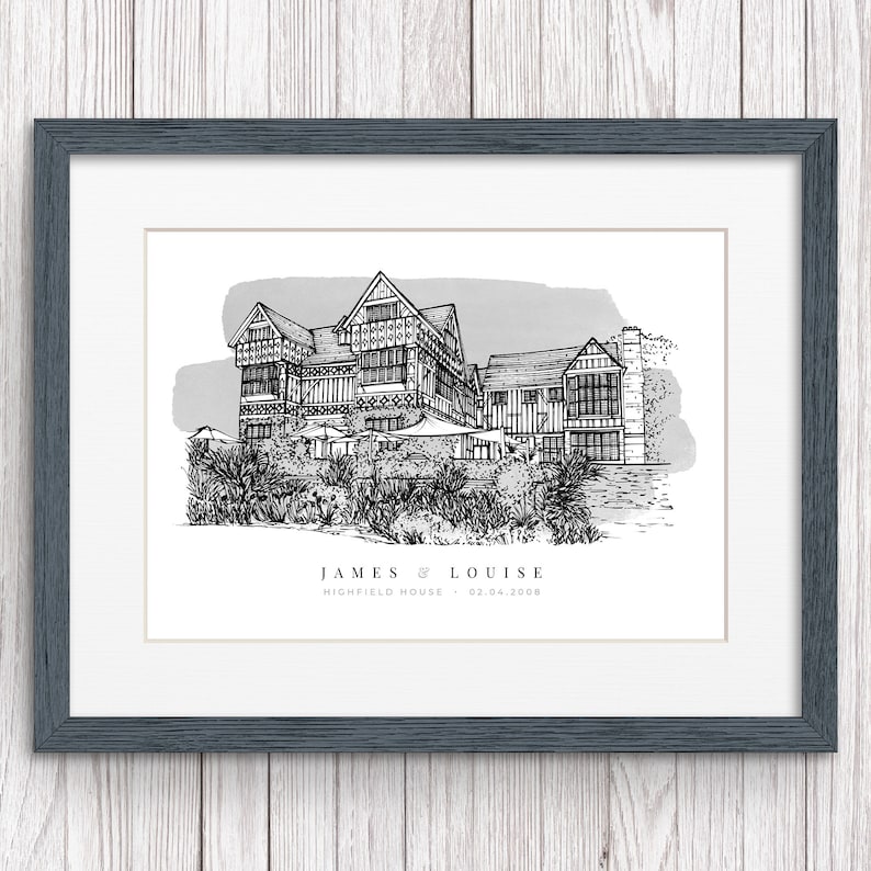 A personalised wedding gift of a custom hand drawn watercolour wedding venue line portrait drawing by Lock and Dale