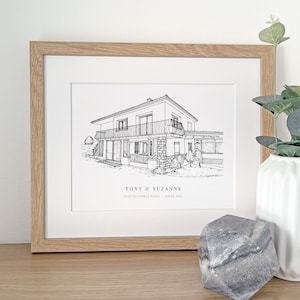 A personalised house warming gift of a custom hand drawn house line portrait drawing by Lock and Dale