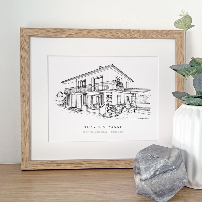 A personalised house warming gift of a custom hand drawn house line portrait drawing by Lock and Dale