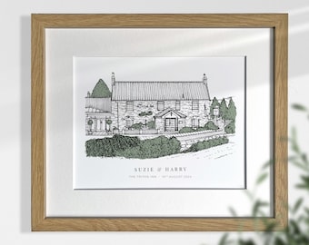 Custom Hand Drawn Wedding Venue Sketch with Green Foliage | Wedding Venue Drawing from Photo | 1st Anniversary Gift | Gifts for Couples