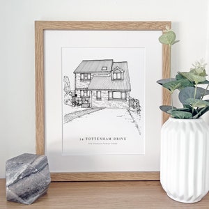 A personalised house warming gift of a custom hand drawn house line portrait drawing by Lock and Dale