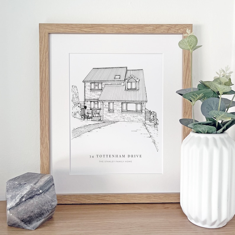 A personalised house warming gift of a custom hand drawn house line portrait drawing by Lock and Dale