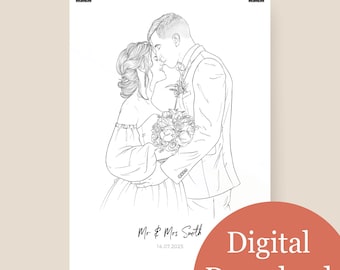 Personalised Hand-Drawn Bride and Groom Line Portrait Custom Sketch From Photo Wedding Gift for Couples Print at Home Art - DIGITAL DOWNLOAD