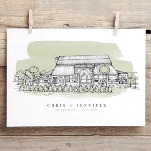 A personalised wedding gift of a custom hand drawn watercolour wedding venue line portrait drawing by Lock and Dale