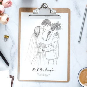 Custom Hand-Drawn Couples Wedding Line Portrait | Wedding Line Drawing From Photo | Custom Couples Portrait Gift for Weddings and Valentines