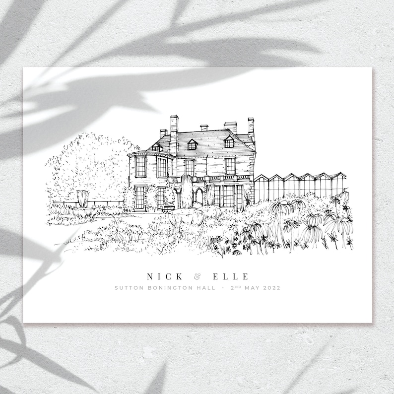 A personalised gift of a custom hand drawn wedding venue line portrait by Lock and Dale