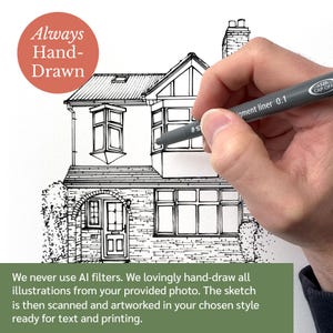 Peut inclure: Un dessin au trait noir et blanc d'une maison avec une fa&ccedil;ade en briques. Le dessin est r&eacute;alis&eacute; &agrave; la main &agrave; l'aide d'un stylo noir sur du papier blanc. Le texte "Always Hand-Drawn" est dans un cercle rouge en haut de l'image.
