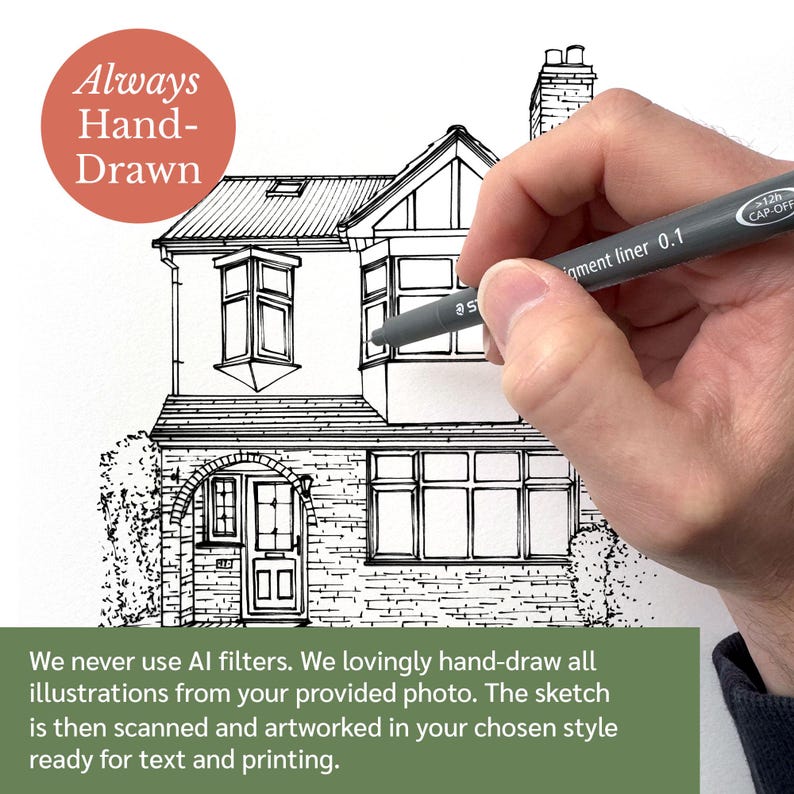 Peut inclure: Un dessin au trait noir et blanc d'une maison avec une fa&ccedil;ade en briques. Le dessin est r&eacute;alis&eacute; &agrave; la main &agrave; l'aide d'un stylo noir sur du papier blanc. Le texte "Always Hand-Drawn" est dans un cercle rouge en haut de l'image.