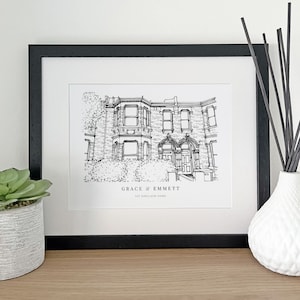 A personalised house warming gift of a custom hand drawn house line portrait drawing by Lock and Dale