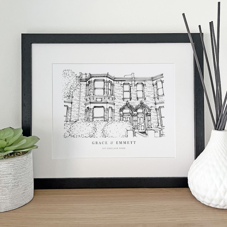 A personalised house warming gift of a custom hand drawn house line portrait drawing by Lock and Dale