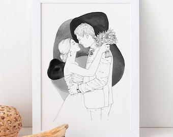 Custom Hand Drawn Watercolour Couples Line Portrait | Personalised Drawing From Photo | Unique Gift for Valentine's Day, Couples & Weddings