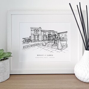 A personalised gift of a custom hand drawn wedding venue line portrait drawing by Lock and Dale