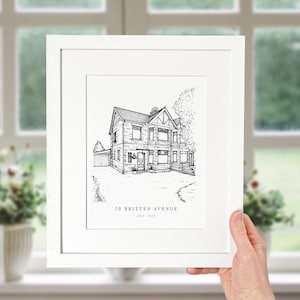 A personalised house warming gift of a custom hand drawn house line portrait drawing by Lock and Dale
